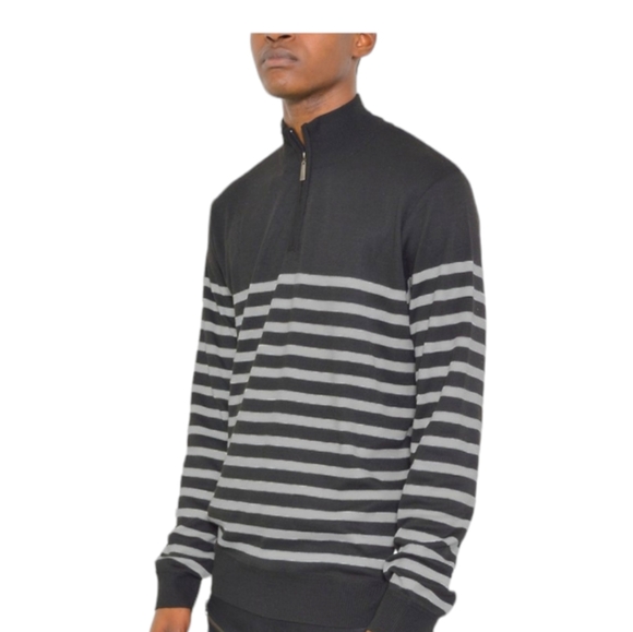 Men's Black and Grey Striped Quarter Zip Pullover Sweater - Picture 2 of 4